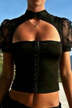 Lace Hollow Button Cropped Blouse