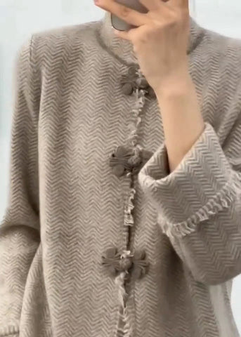 Chinesische Licht Kamel Grau Stehkragen Taste Strick Mäntel Lange Ärmel 