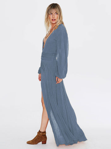 Maxi Dress V-Neck Long Sleeves High-slit Floor Length Dress