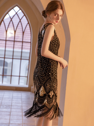 Vestido midi vintage sin mangas con cuello en V y lentejuelas para fiesta de cumpleaños 