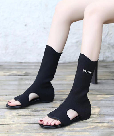 Schwarze, ausgehöhlte Peep-Toe-Boho-Stiefel mit Spleiß 