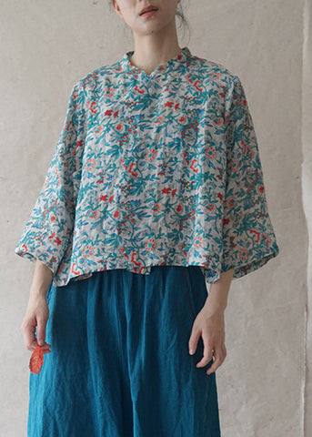 Vintage Blau Button Print Leinen Shirts Armband Ärmel 