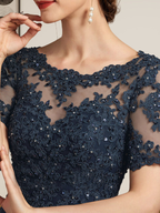 Vestido de gasa con encaje y lentejuelas para madre de la novia, largo hasta el suelo, con escote en A y ilusión