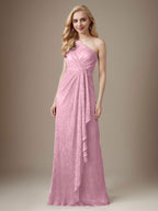 Rubinrotes Etuikleid mit One-Shoulder-Schulter und Metallic-Mesh-Optik, Brautmutterkleid