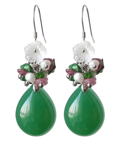 Pendientes colgantes de plata verde con incrustaciones de concha, flor de calcedonia y perla 