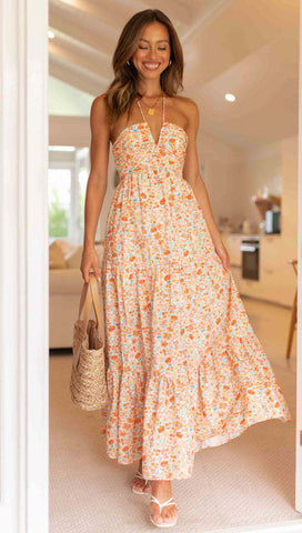 Women's V Neck Maxi Dress Elegant Shoulder Baring Sleeveless Sling