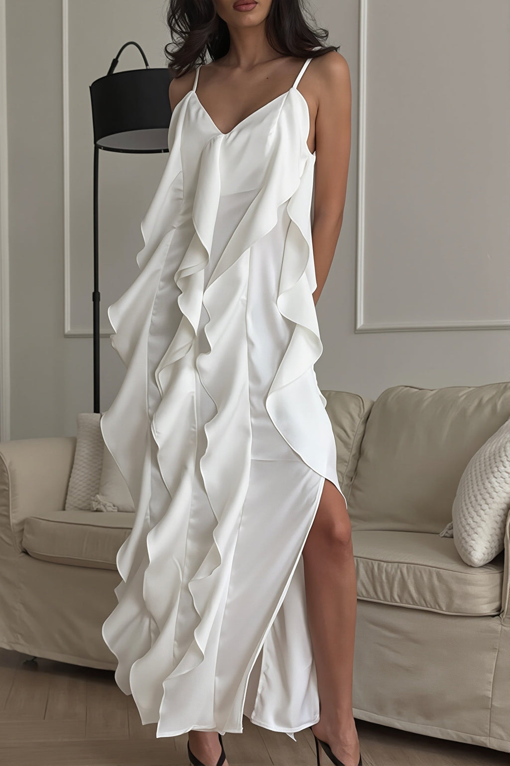 Chic Ruffle Trim V Neck Cami Slip Maxi Dress