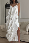 Chic Ruffle Trim V Neck Cami Slip Maxi Dress