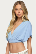 Deep V Ruched Batwing Cropped Blouse