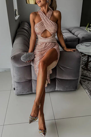 Born To Be A Star – Asymmetrisches Midikleid mit Pailletten und Netzstoff, Cut-Out-Taille 