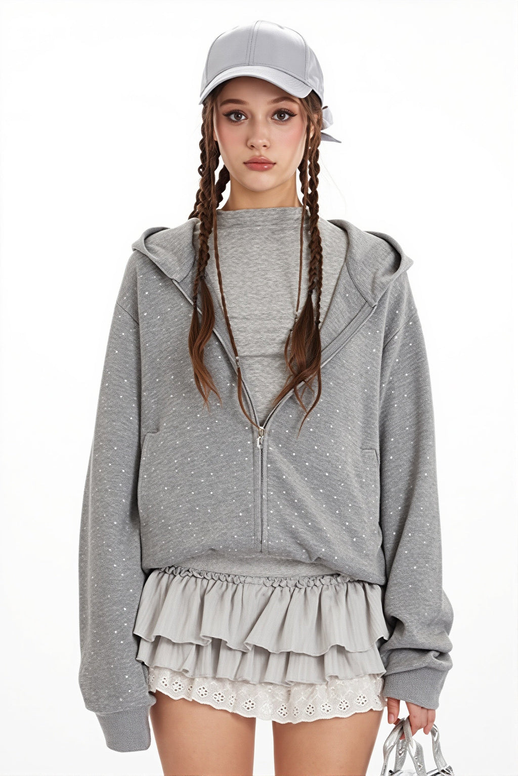 Star Print Ear Decor Cropped Hoodie
