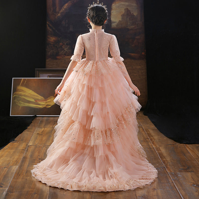 Mädchen Sommerkleid Rosa Pailletten Schleppe Prinzessin Festzug Geburtstag Kommunion 