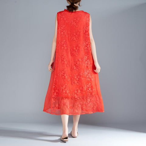 Women Embroidered Pullovers Sleeveless Red Dress