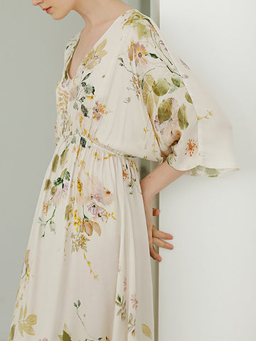 Damen Sommer Blumen Artsy V-Ausschnitt Drapiertes lockeres Nachtkleid 