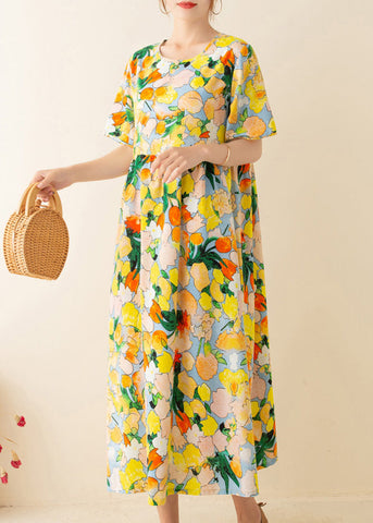 Túnicas italianas con estampado amarillo, cuello redondo, patchwork, vestidos de verano holgados 