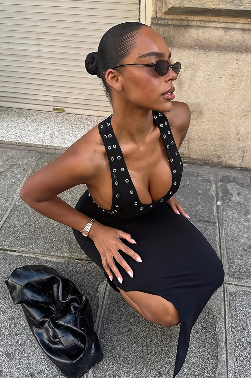 Metal Decor Solid Backless Split Maxi Dress