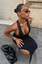 Metal Decor Solid Backless Split Maxi Dress
