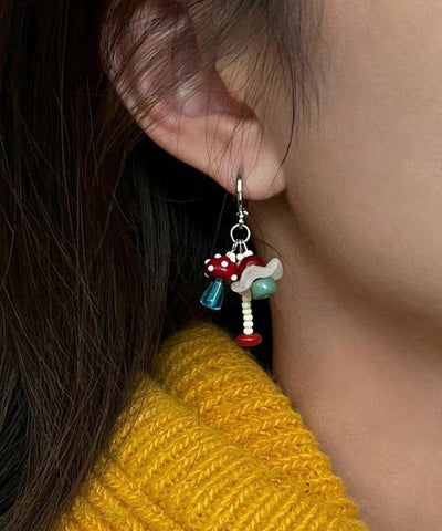 DIY Stainless Steel Asymmetrical Little Fish And Mushroom Drop Earrings