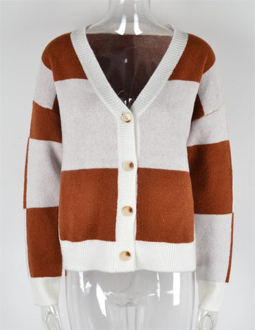 Autumn Winter Women's Plaid Stitching Knitwear Cardigan Sweater Coat