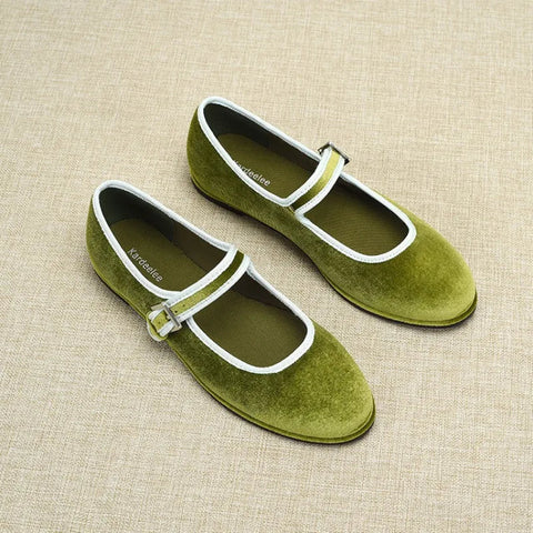 Zapatos planos estilo español con punta redonda para mujer, de terciopelo, Mary Jane, color verde, azul y marrón. 