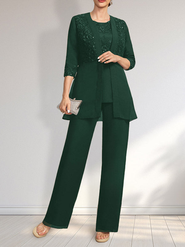 Jumpsuit/Hosenanzug-Set, bodenlanges Chiffon-Spitzenkleid mit Pailletten für die Mutter der Braut mit Rundhalsausschnitt