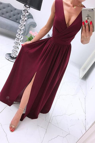Meridress  Wrap V Neck Side Split Ruched Sleeveless Party Dress