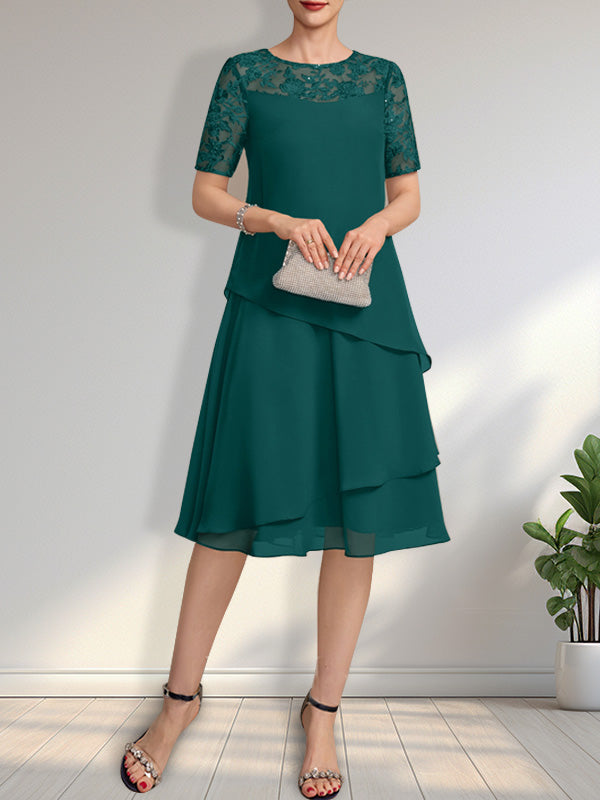 A-Linien-Kleid mit Rundhalsausschnitt, Illusion-Effekt, knielang, aus Spitze und Chiffon mit Pailletten für die Mutter der Braut
