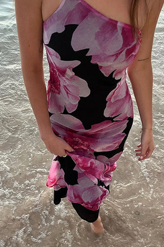 Meridress One Shoulder Cut Out Floral Print Maxi Cami Dress
