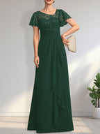 A-Linien-Kleid aus asymmetrischem Chiffon mit Illusion-Effekt, bodenlang, mit Kaskadenrüschen und Pailletten für die Mutter der Braut 