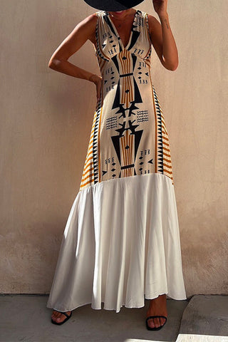 Vestido largo Meridress con cuello en V, sin mangas y estampado de empalme