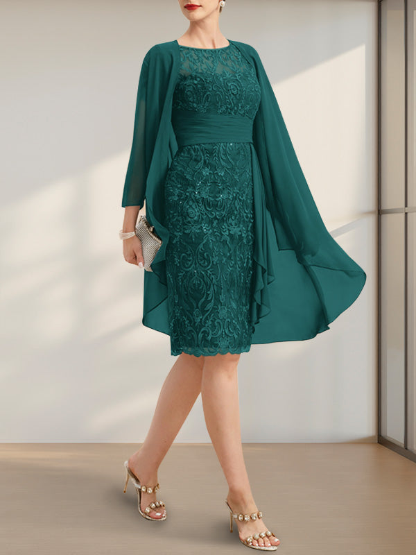 Etuikleid/Säulenkleid mit Illusion-Ausschnitt, knielang, aus Chiffon mit Spitze, Kaskadenrüschen und Pailletten für die Mutter der Braut