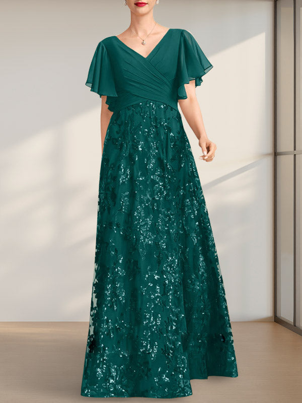 Vestido de madre de la novia de gasa con lentejuelas, encaje, escote en V y largo hasta el suelo, con pliegues