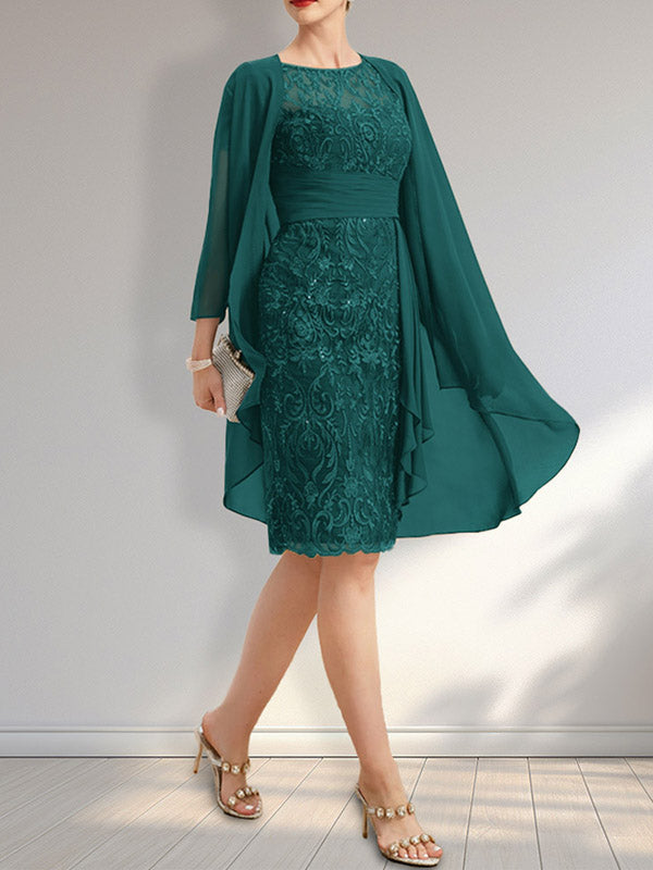 Etuikleid mit Rundhalsausschnitt, Illusion-Effekt, knielang, aus Chiffon mit Spitze, Rüschen und Pailletten – ideal für die Mutter der Braut