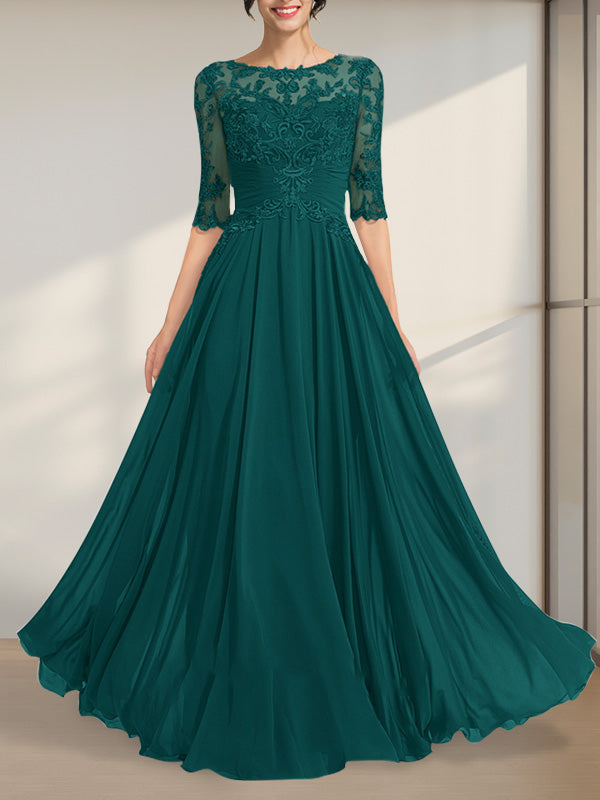 A-Linien-Kleid mit Illusion-Ausschnitt, bodenlang, aus Chiffon und Spitze, mit plissierten Pailletten und V-Ausschnitt für die Mutter der Braut