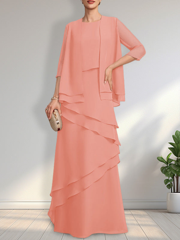 Vestido de gasa para madre de la novia, largo hasta el suelo, con escote redondo