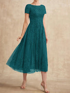 A-Linien-Kleid aus Tüllspitze mit Rundhalsausschnitt und Teelänge für die Mutter der Braut 