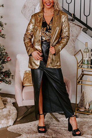 Blazer mit Revers, Knopfleiste und Schlitz hinten in Gold-Metallic