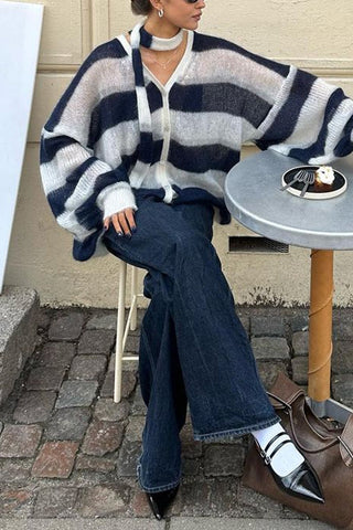 Suéter Meridress con mangas farol, botones, rayas en bloques de color y bufanda