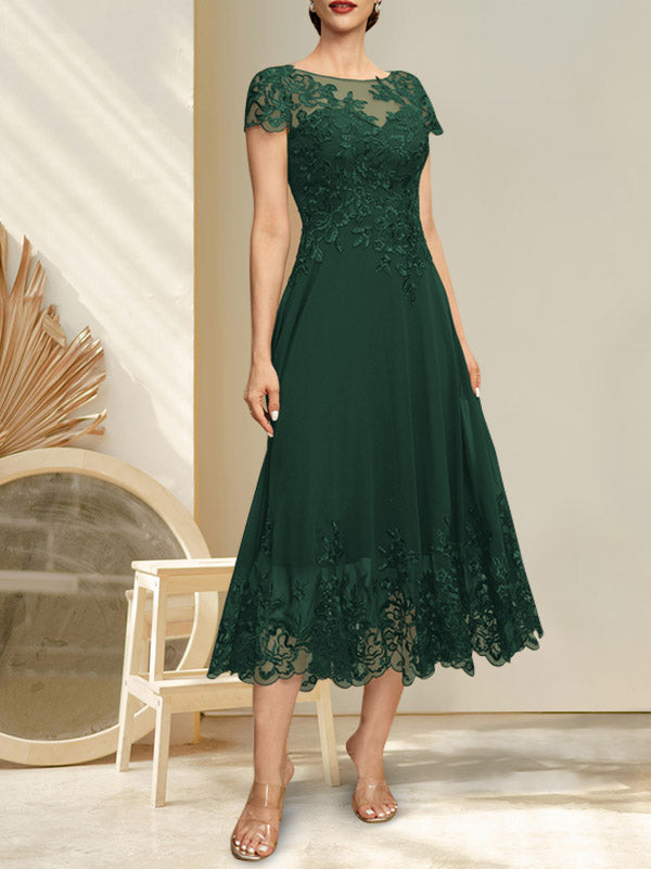 A-Linien-Kleid mit Illusion-Ausschnitt, Rundhalsausschnitt, Teelänge, Spitze und Chiffon, mit Pailletten, für die Mutter der Braut