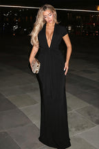 Chic Solid Deep V Short Sleeve Tie Waist Slim Maxi Dress