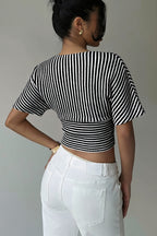 V Neck Striped Bat Sleeve T-shirt