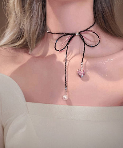 Moderne schwarze Zirkon Perlen Fliege Spitze Perle Liebe Anhänger Halskette 