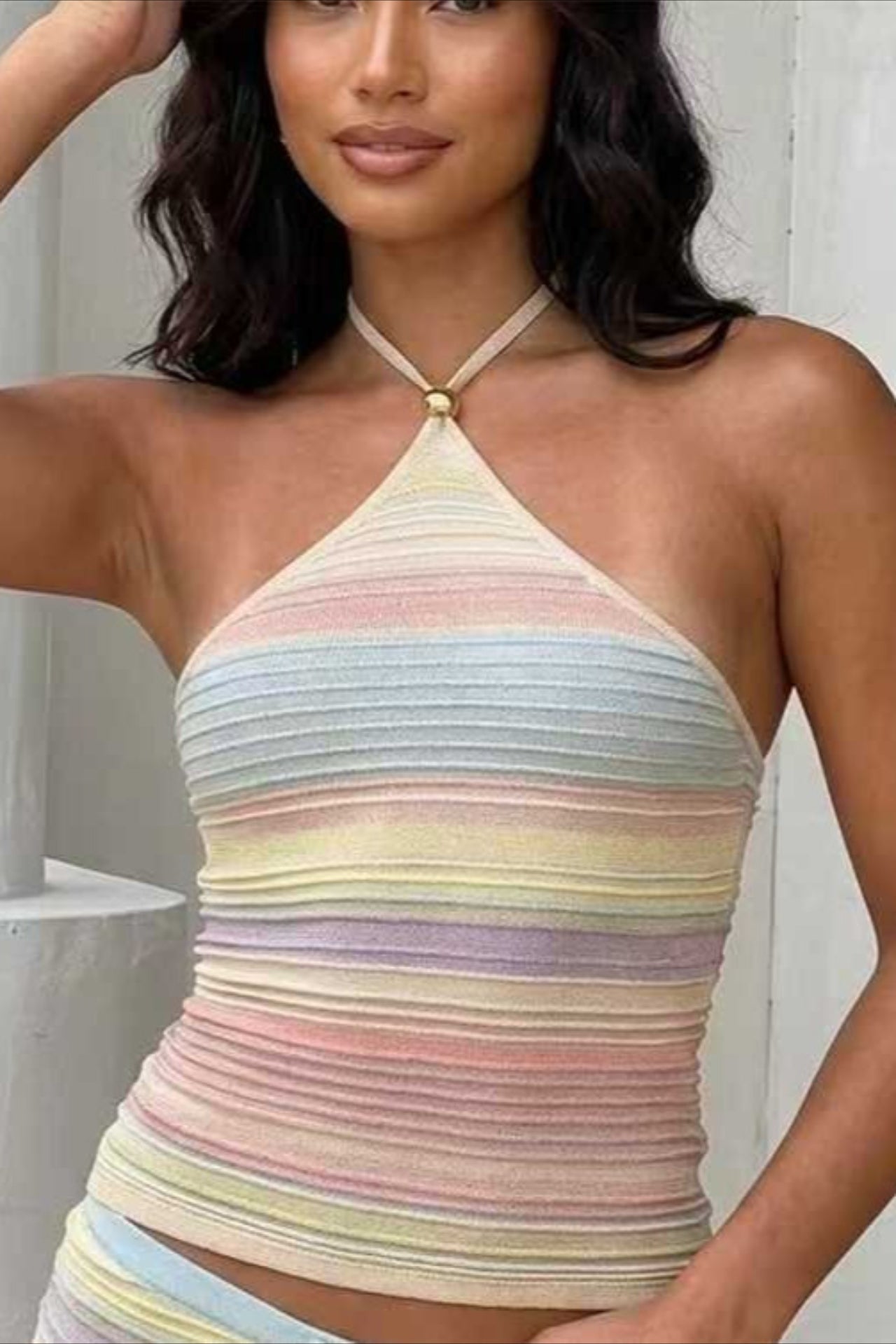 Striped Beaded Halter Tank Top