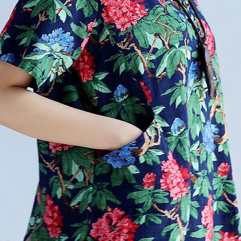 Vintage Loose Women Printing Button Pocket Dress