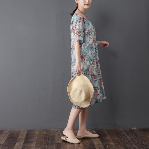 Women Retro Round Neck Short Sleeve Printed Dress