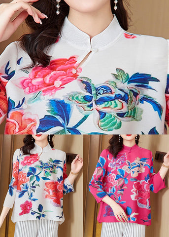 Damen Tops aus Baumwolle mit Rosen-Knopf-Print und Armbandärmeln 