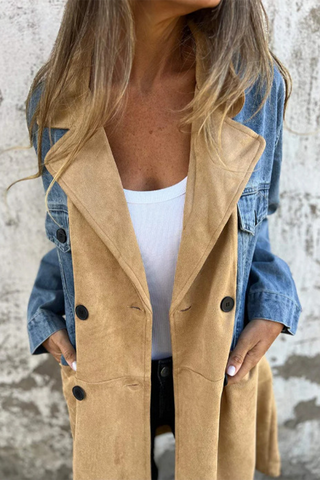 Chaqueta vaquera informal holgada de manga larga con cuello vuelto, botones y patchwork en contraste 