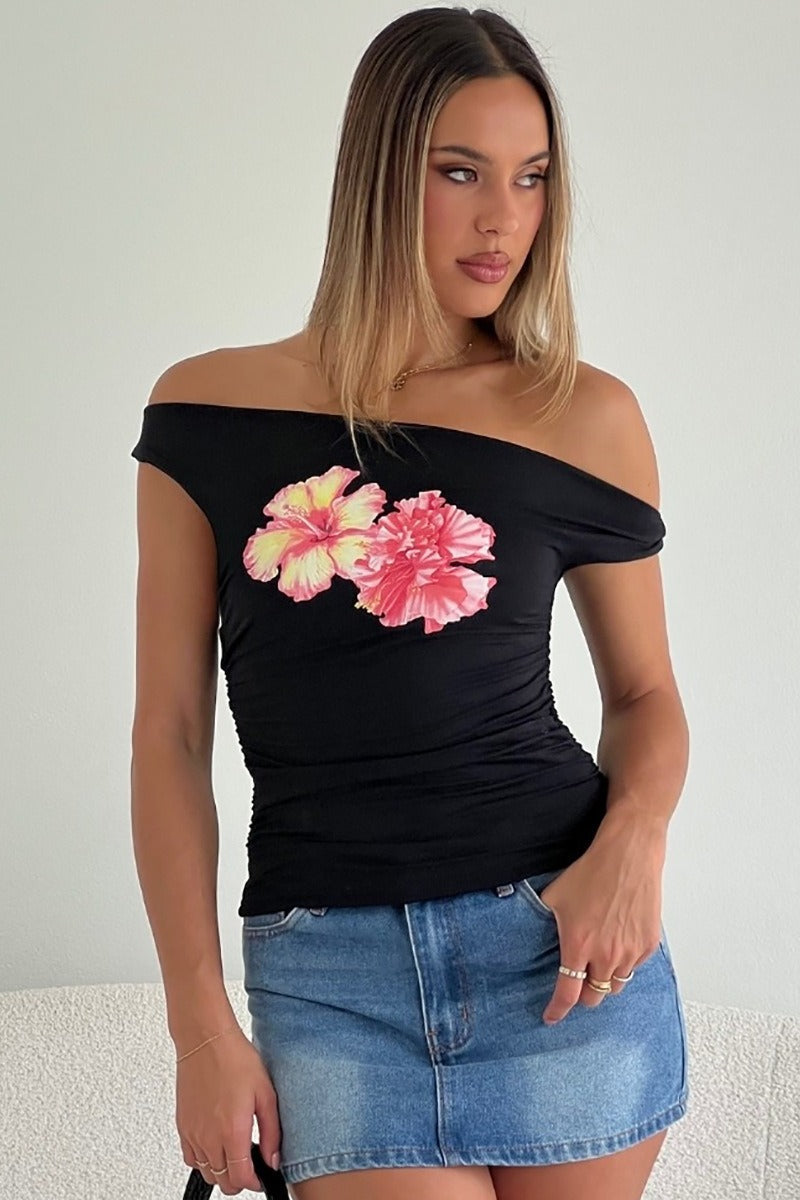 Chic Off Shoulder Floral Print Crop T-shirt