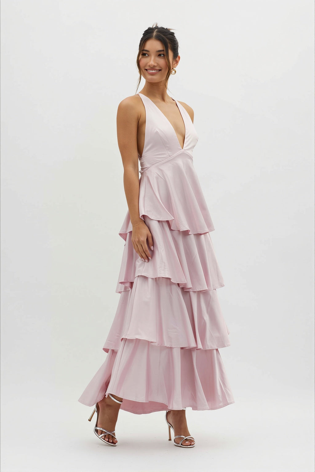 Satin V-Neck Cami Tiered Slim Maxi Dress