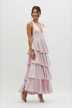 Satin V-Neck Cami Tiered Slim Maxi Dress